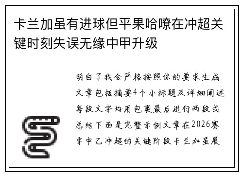 卡兰加虽有进球但平果哈嘹在冲超关键时刻失误无缘中甲升级