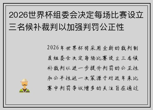 2026世界杯组委会决定每场比赛设立三名候补裁判以加强判罚公正性 2026世界杯组委会决定每场比赛设立三名候补裁判以加强判罚公正性