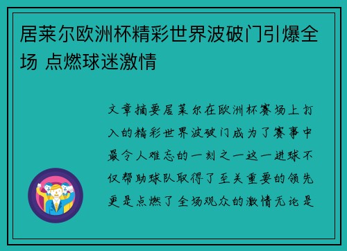居莱尔欧洲杯精彩世界波破门引爆全场 点燃球迷激情